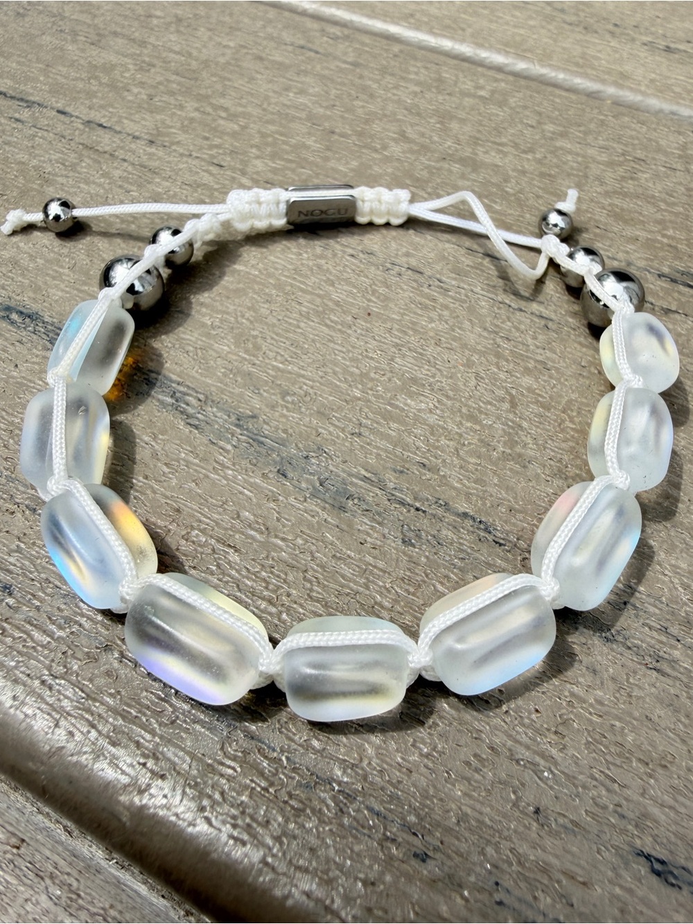 Adjustable NOGU Mermaid Glass Pebble Macrame Bracelet in Rainbow White/Silver!